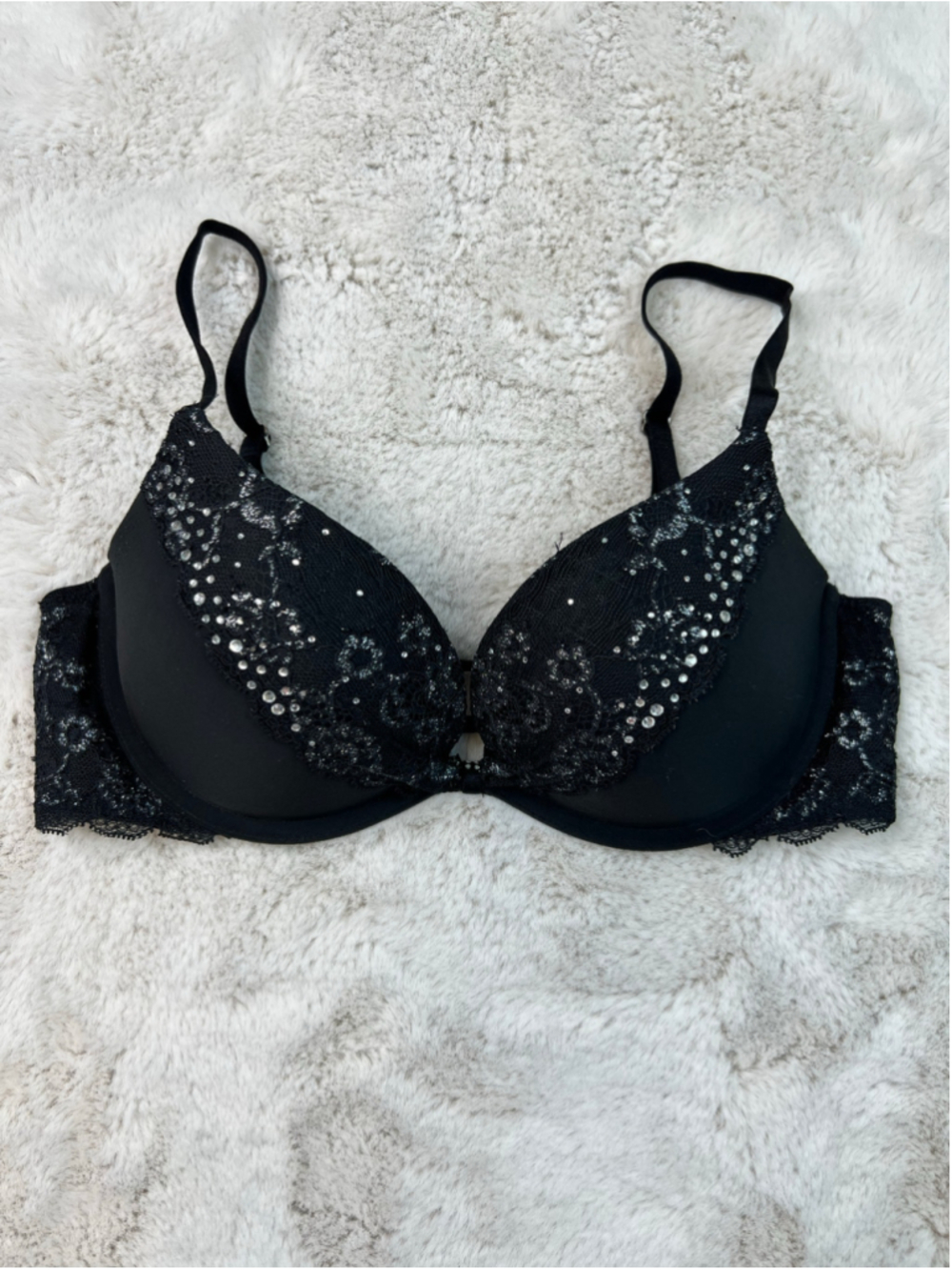 Victorias Secret Padded Demi Bra Size 34C Black Silver Rhinestone Lace Push Up